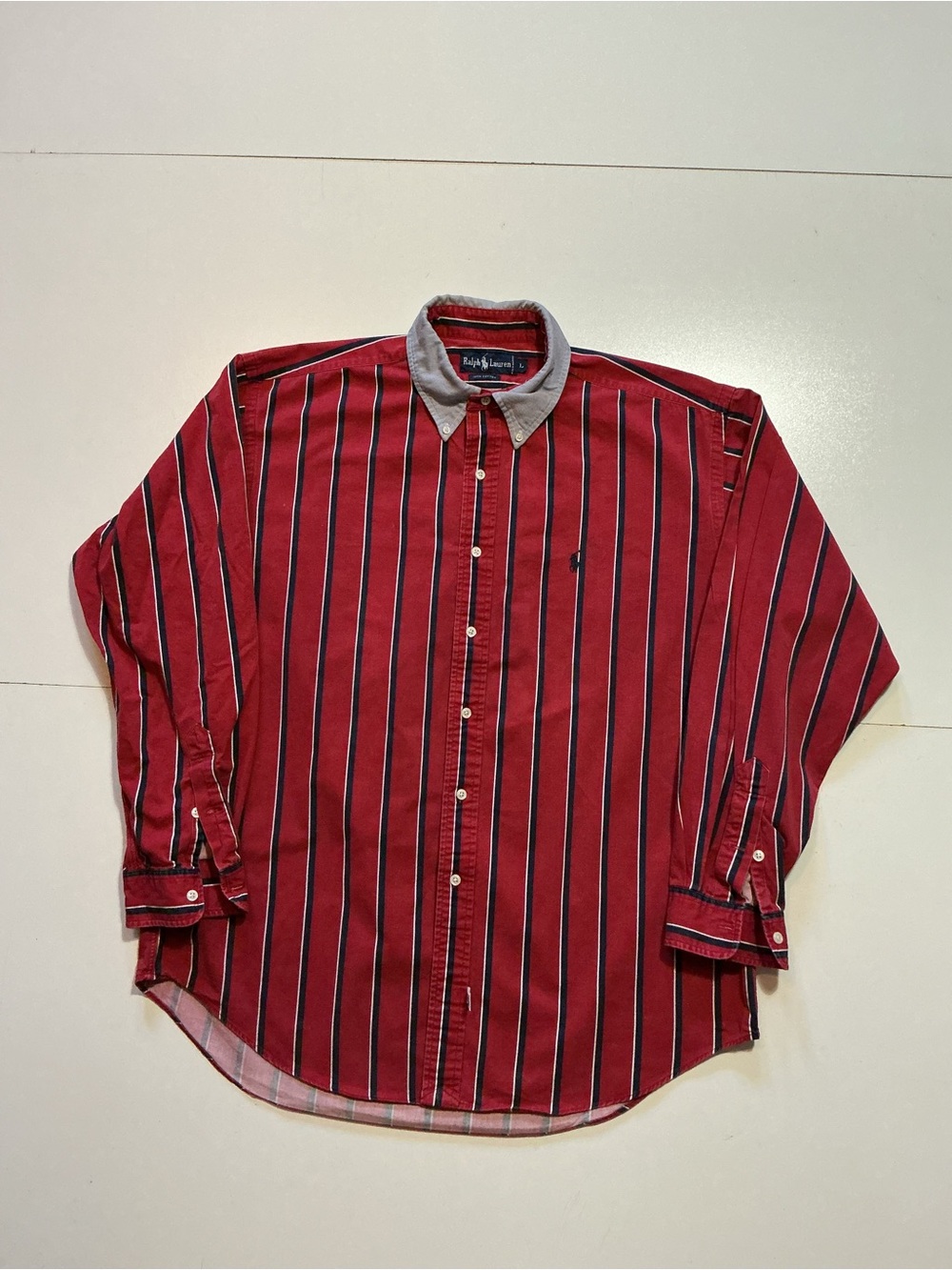 Vintage 90s Ralph Lauren Embroidered Pony Logo Red Striped L/S Button Shirt